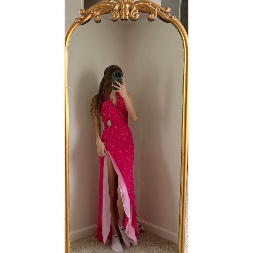 Y2K Princess Ruffle Leg Slit Beaded Halter Dress